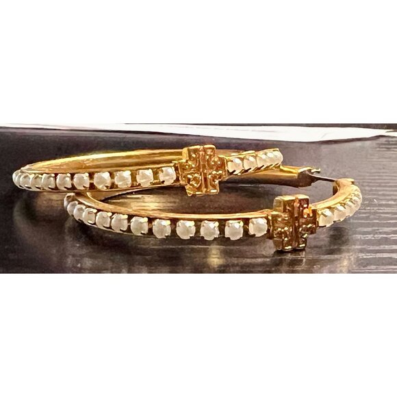 Tory Burch Gold Pearl Embellished Hoop Earrings Elegant Design Womens Jewelry - Picture 4 of 5